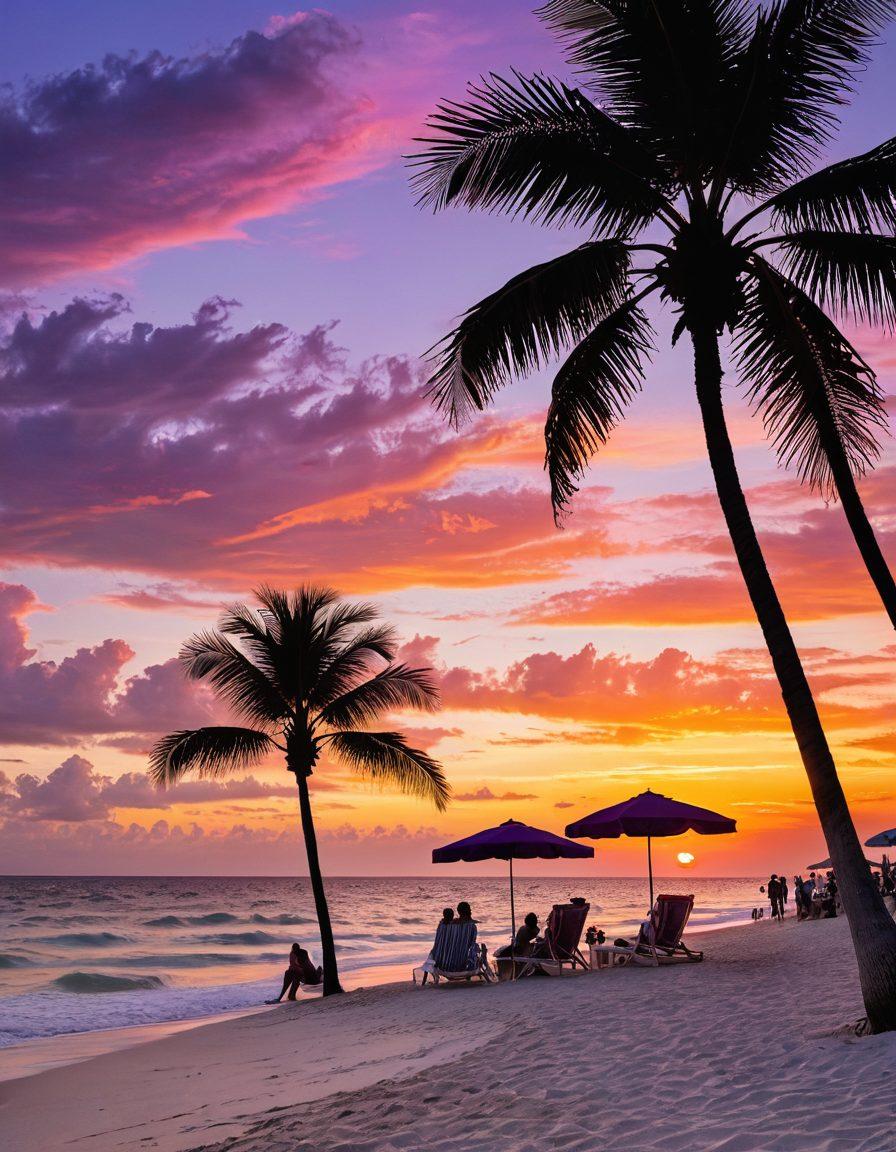A vibrant sunset scene overlooking a lively South Florida beach, featuring a diverse group of people joyfully interacting, engaging in various flirty activities, some with drinks in hand. Include beach umbrellas, palm trees swaying in the breeze, and a sense of carefree fun in the atmosphere. Capture the essence of the hookup culture with playful and inviting expressions. super-realistic. vibrant colors. tropical theme.