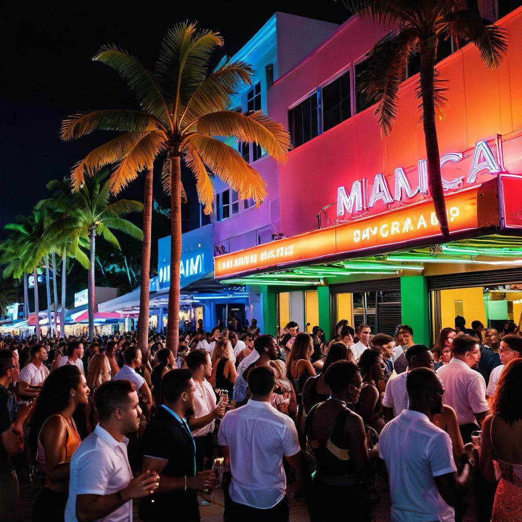 A lively Miami nightlife scene featuring a diverse group of young adults enjoying vibrant street parties, dancing under neon lights. Showcase iconic Miami architecture in the background along with palm trees and cocktails in hand, capturing the essence of hookup culture. The atmosphere should feel energetic and inviting. super-realistic. vibrant colors. night scene.