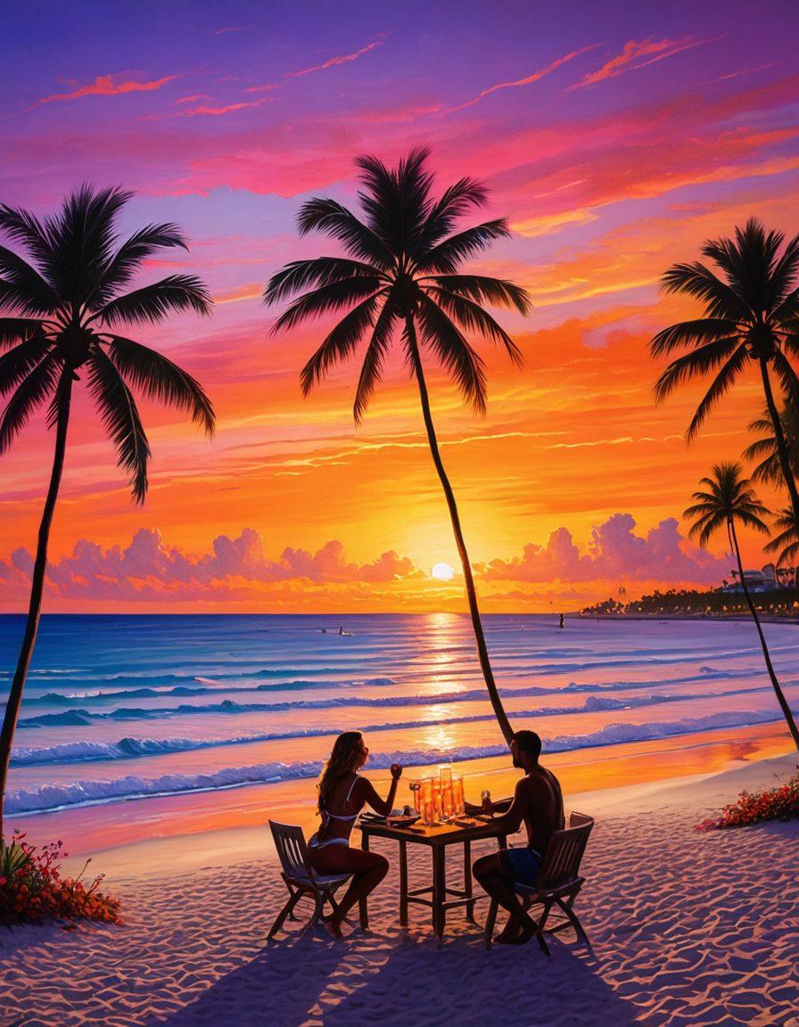 An artistic depiction of a vibrant Miami sunset overlooking the beach with couples enjoying various social activities. Highlight elements of romance such as a candle-lit dinner on the sand, people dancing, and beach volleyball, all set against palm trees and colorful nightlife. Capture the essence of Miami's unique social scene and adult lifestyle in dynamic poses and rich colors. A blend of contemporary and tropical styles. vibrant colors. painting.